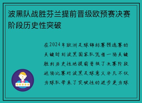 波黑队战胜芬兰提前晋级欧预赛决赛阶段历史性突破