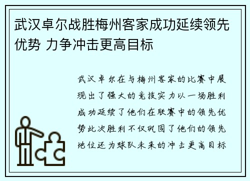 武汉卓尔战胜梅州客家成功延续领先优势 力争冲击更高目标