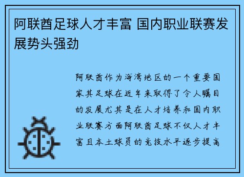 阿联酋足球人才丰富 国内职业联赛发展势头强劲